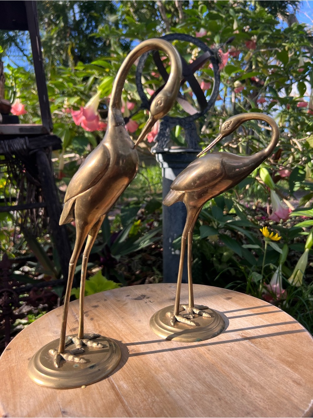 Gorgeous Brass Crane Figures - has natural patina due to age.